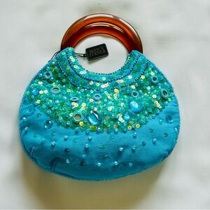 NWT Bijoux Terner Embellished Blue Handbag with Brown Handles